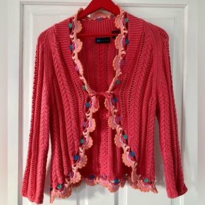Coral 3/4 Sleeve Sweater w/ Crocheted Neckline